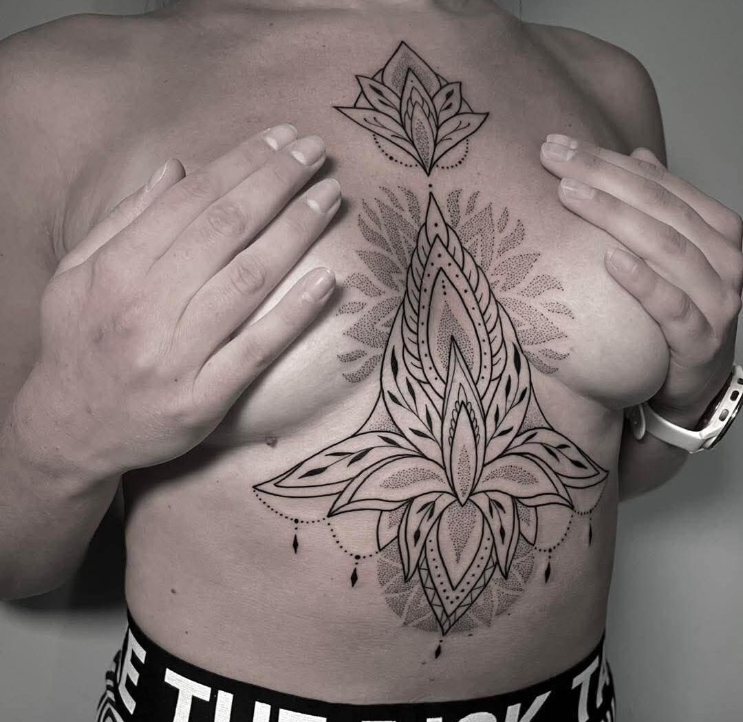 Fine line and mandala tattoo by Hypnotic Art Tattoo Studio, Milton Keynes
